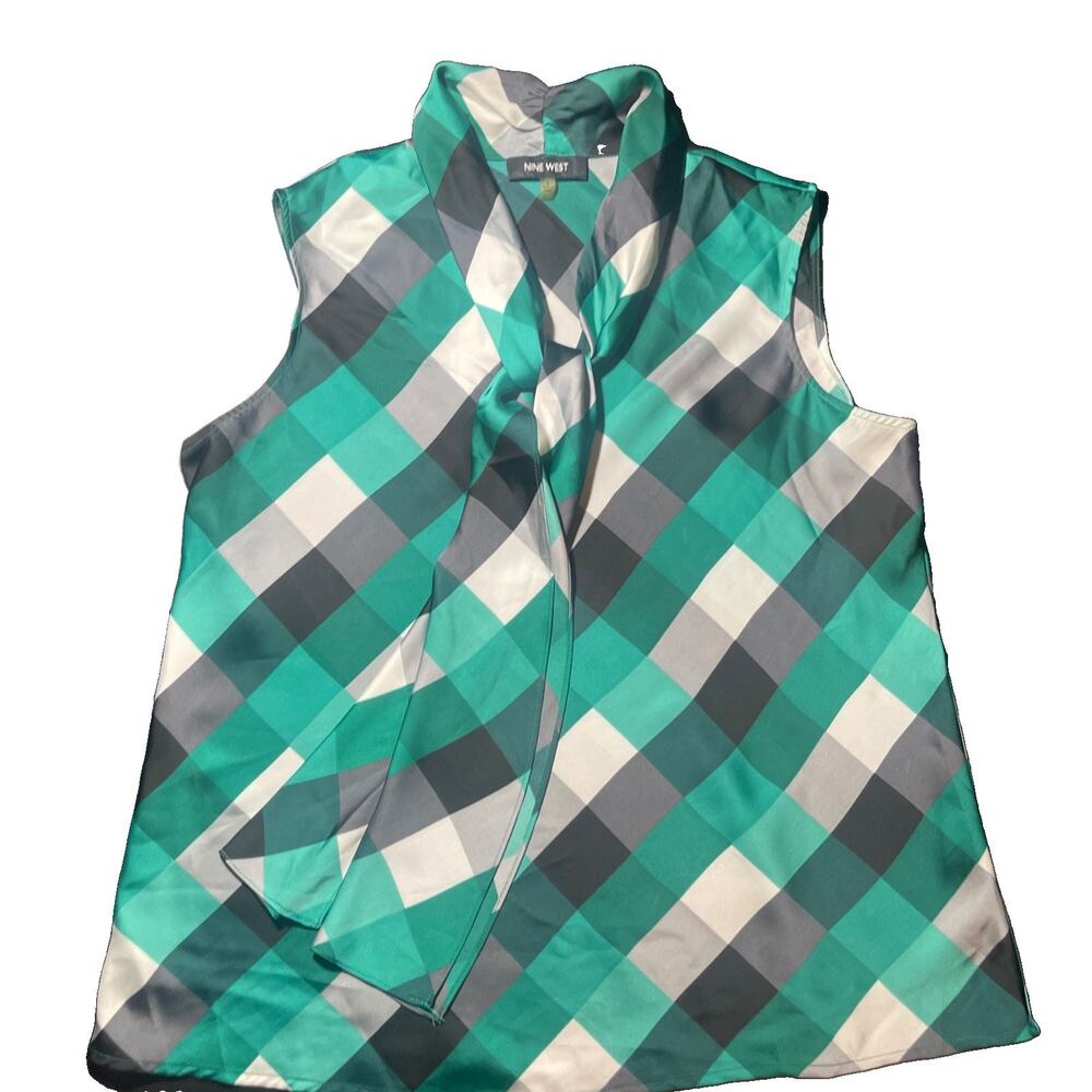 Nine West Women’s Sleeveless Blouse Top Large Green Plaid Tie Neck Bow Office